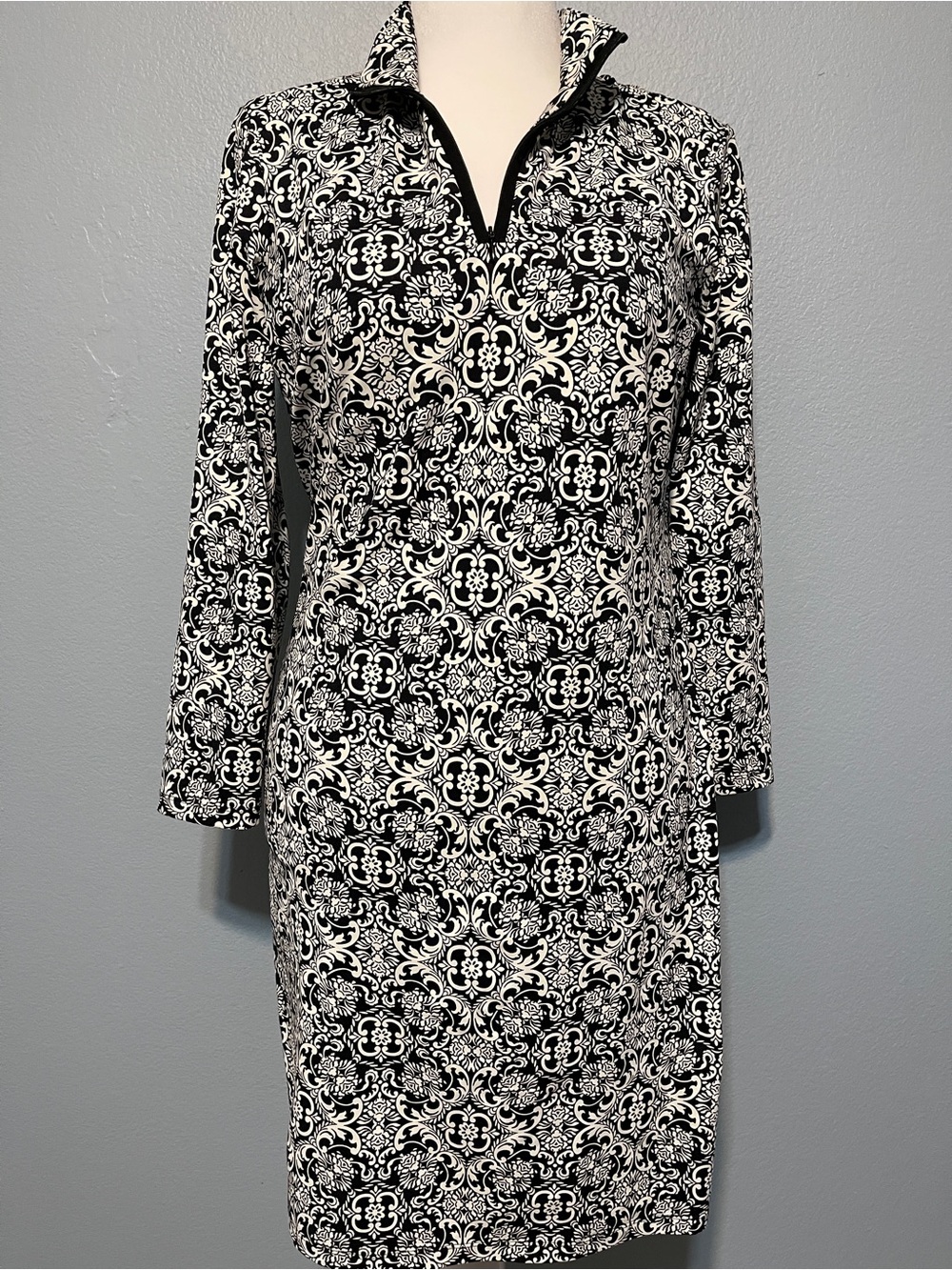 J McLaughlin Bedford Dress Black White Damask Print 3/4 Sleeve Collared Large